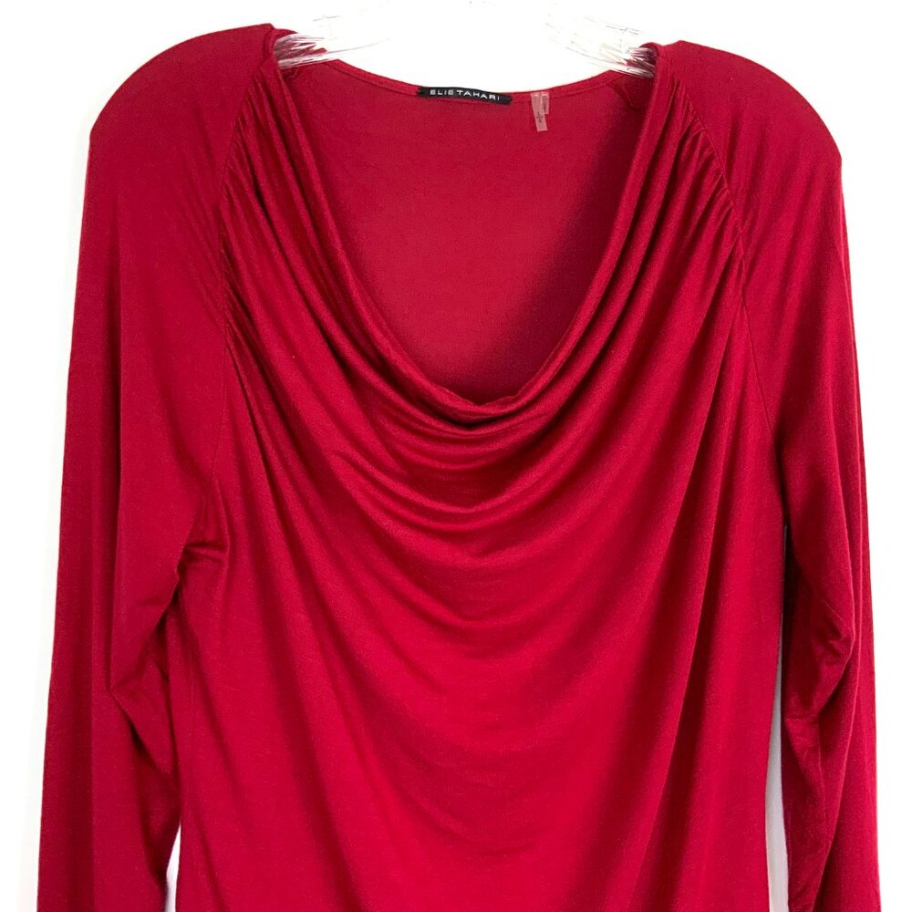 Elie Tahari Cranberry Red Cowl Neck Long Sleeve Top Blouse Career Sz L - Picture 3 of 16